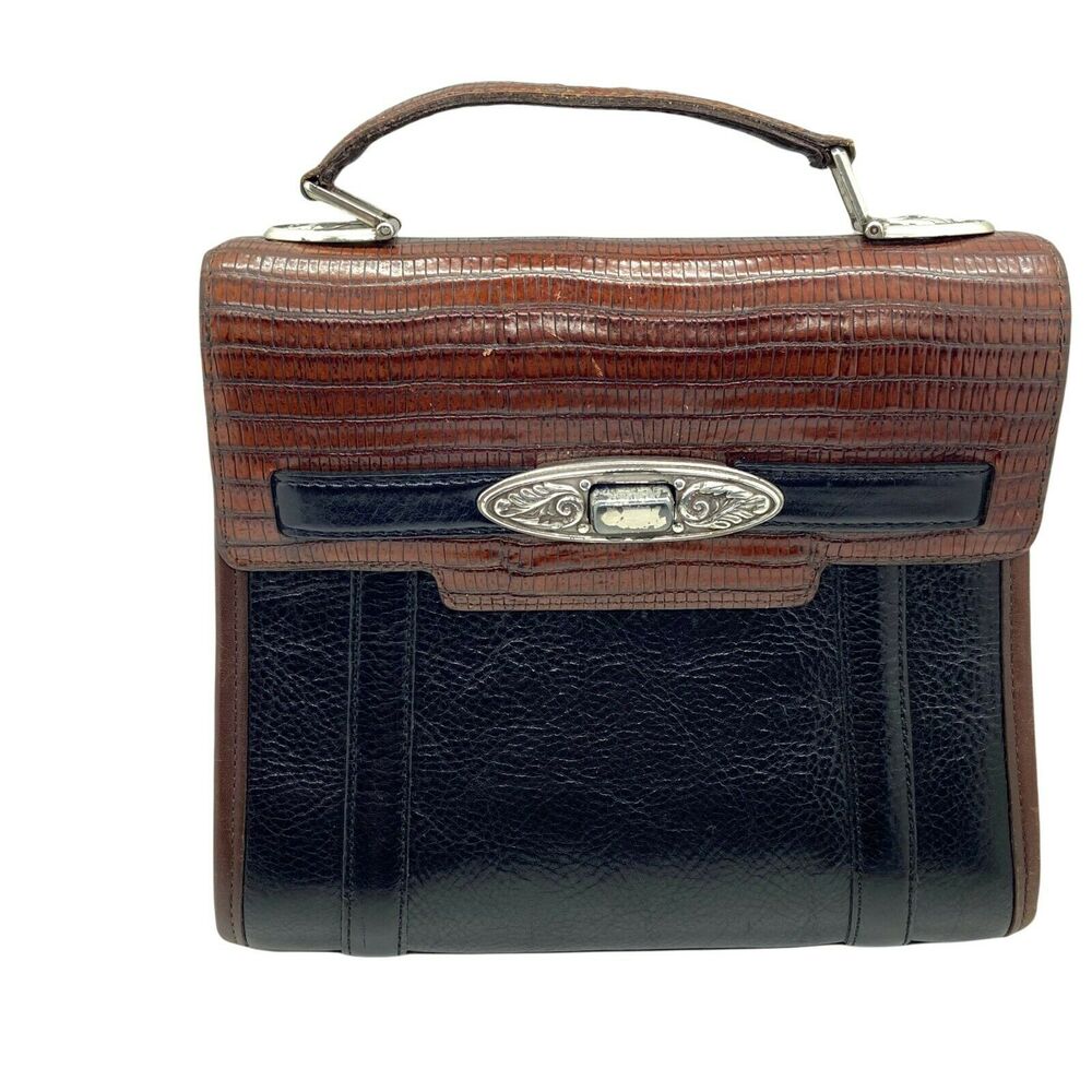Brighton Handbag Purse Retro Women's Black Brown Leather Classic 8"x 9"x 3.5"